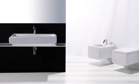 Serie OH, Simas Italien, Design Simone Micheli, Auflage-Waschtisch, Gr��e 90x50cm, art. OH12, Farbe: wei�, WC und Bidet wandh�ngend, Gr��e 51x38cm, art. OH18 + OH19, Farbe: wei�