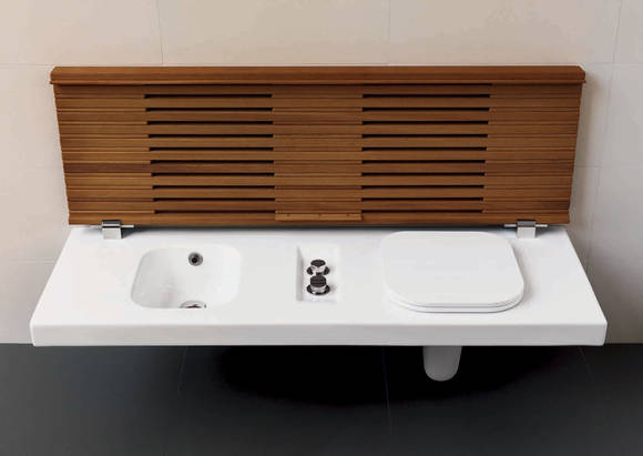 GFull Hatria by Sanikal, WC-Bidet-Kombination mit Holzabdeckung, Gr��e 1400x500mm in Keramik mit Teakholzbank, schafft eine Sitzgelegenheit im Badezimmer