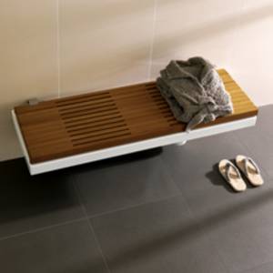 GFull Sanit�rbank, WC-Bidet-Kombi mit Teakholz-Abdeckung, Gr��e 1400x500mm, in geschlossenem Zustand, die klappbare Holzabdeckung ist mit einer Fallbremse ausgestattet, die Sitzfl�che ist auch als Ablagefl�che nutzbar