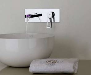 Gessi Home Collection Aufsatzwaschtisch rund, Durchmesser 40cm in Ceramilux wei�, art. 39121.515 kombiniert mit einem Rettangolo Colour Waschtischmischer  mit B�gelgriff, art. 38385.031