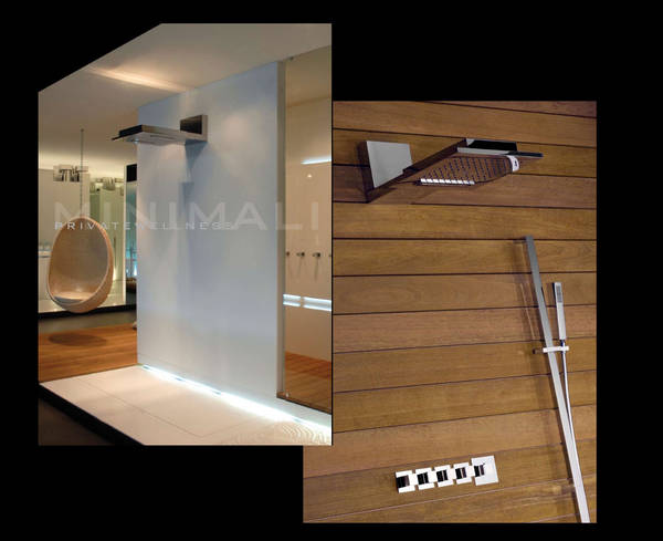 Links: Gessi Privatewellness Minimali Kopfbrause mit Wandarm,50x50cm, drei verschiedene Strahlarten, Tropenregen, Wasserfall und Spr�hnebel Rechts: Gessi Privatewellness Minimali Kopfbrause mit Wandarm, 35x35cm, drei verschiedene Strahlarten, Tropenregen, Wasserfall und Spr�hnebel, kombiniert mit einem Quadro 4-Wege-Thermostat und Rettangolo Brauseset 1800mm