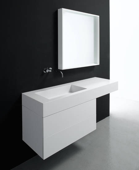 Infinity System, Rapsel Design, Design Nespoli & Novara, Waschtisch aus Parapan mit Unterschrank auf Parapan und Spiegel mit Parapan-Einrahmung, Gr��e 1500x480mm, art. INFB 150 + INFB C90 + INMB 090, Farbe: wei� hochglanz