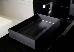 Gessi Home Collection Aufsatzwaschtisch in Vetro Freddo schwarz, art. 37562.031, 600x400mm,kombiniert mit einem Rettangolo XL Waschtischmischer