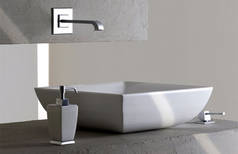 Gessi Home Collection Aufsatzwaschtisch wei�, art. 37503.516, kombiniert mit Mimi Wandarmatur Edelstahl geb�rstet