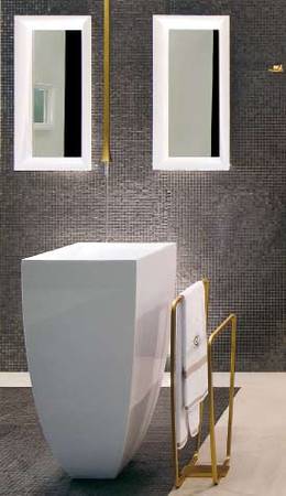 Gessi Home Collection freistehender Waschtisch 450x900mm, art. 37501 kombiniert mit dem Gessi Mimi Deckenauslauf in gold glanz