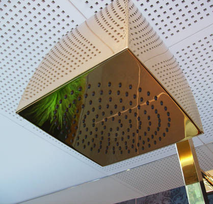 Abverkauf zum Sonderpreis aus unserer B�deraustellung Brixen: Gessi Mimi Duschs�ule mit Kopfbrause, Thermostat und Ablage gold glanz, art. 31431.032