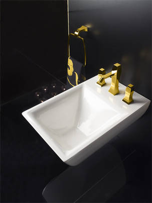 Gessi Mimi 3-Loch-Bidetmischer in gold glanz, art. 31407.032 kombiniert mit dem Gessi Mimi HomeCollection Bidet, art. 37515.518